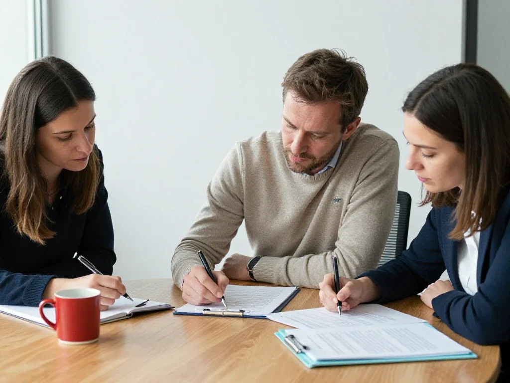 Trois collègues analysant des documents ensemble pour bien s'informer avant de prendre une décision.