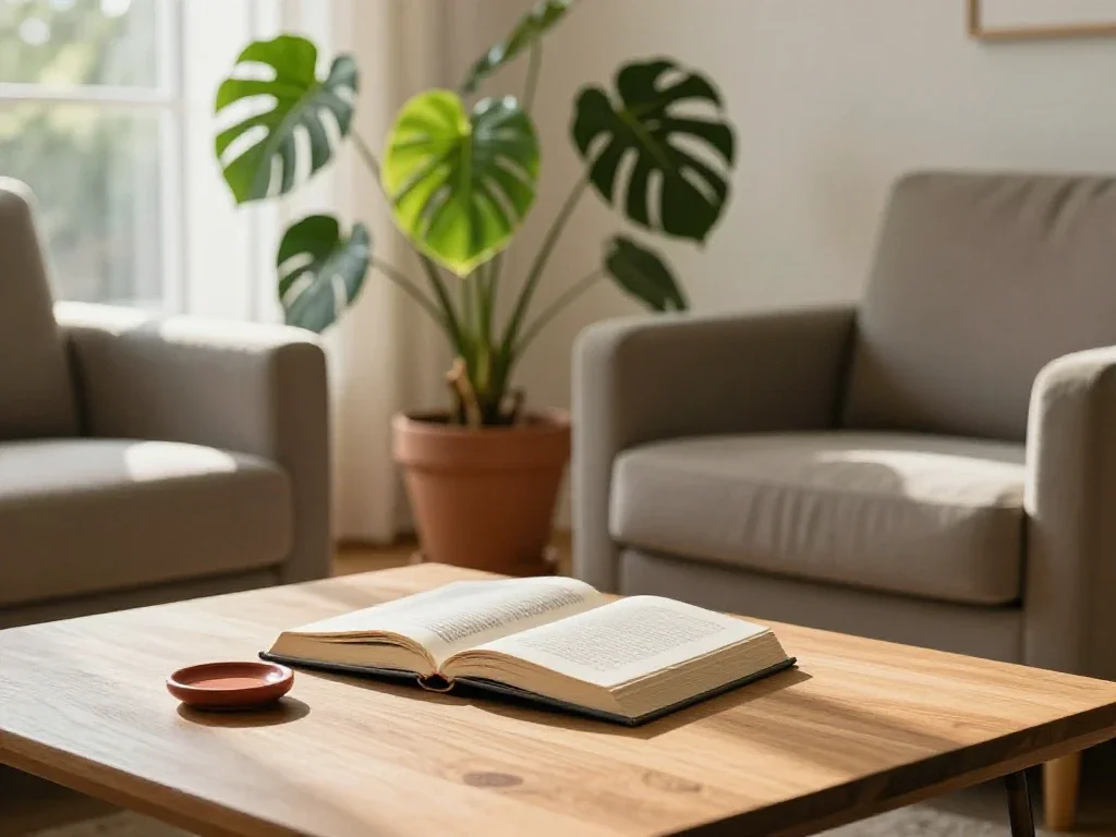 Un salon paisible et inspirant pour s'informer sereinement avant de prendre une décision.